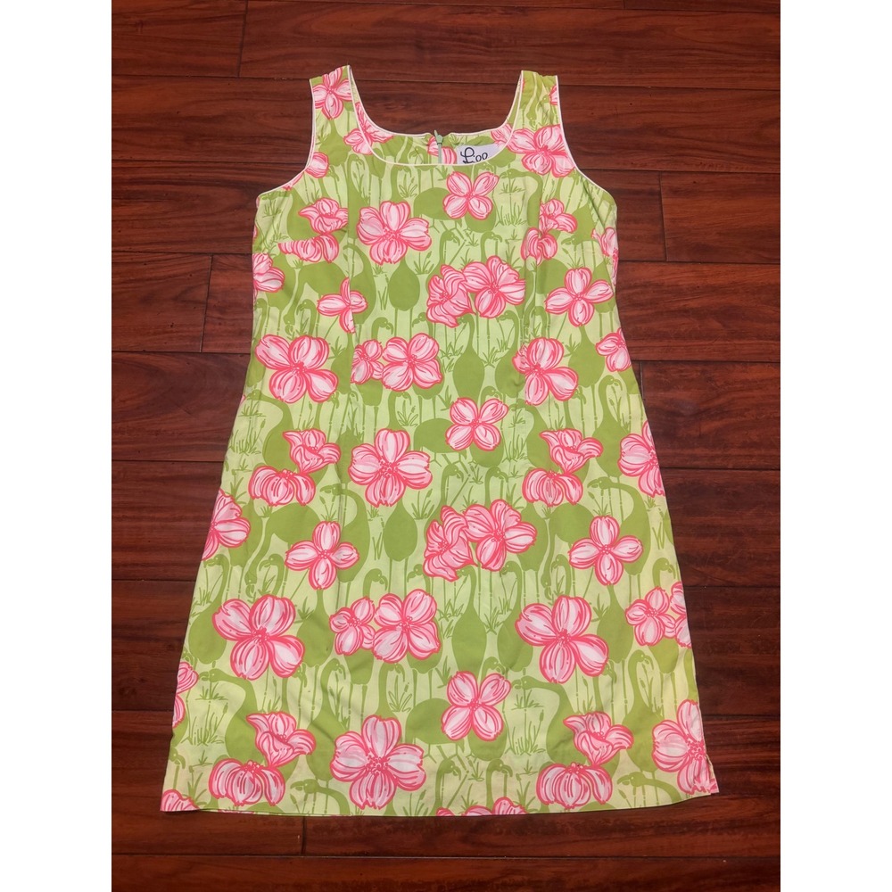 Lilly Pulitzer Flamingo Floral Shift Dress Green Pink Size 10 Sleeveless Cotton